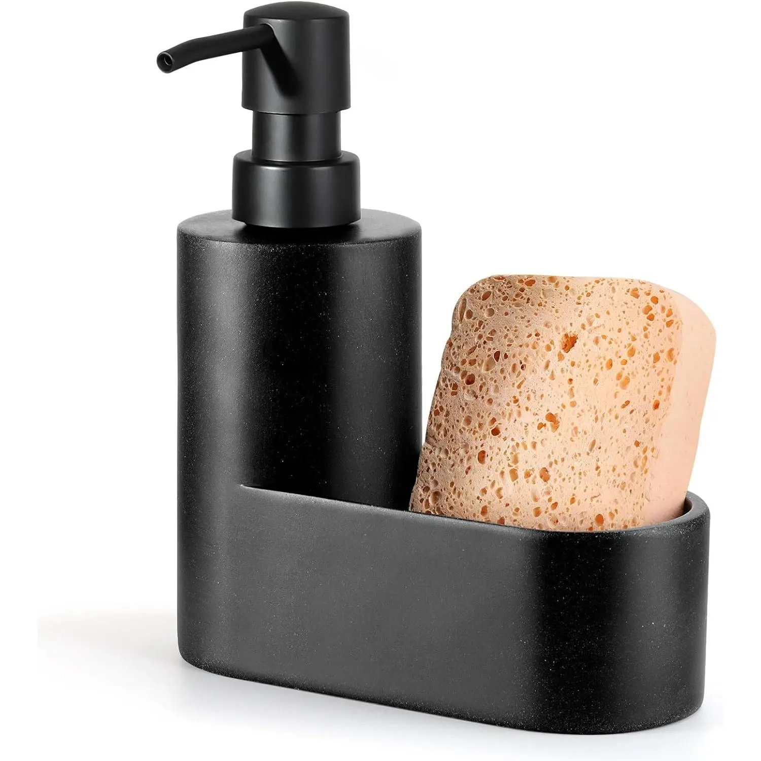 Dish Soap Dispenser with Sponge Holder, Refillable Kitchen Dish Soap Dispenser Pump, 2-in-1 Countertop Soap Pump Dispenser for Kitchen Sink and Bathroom, Gravel Black