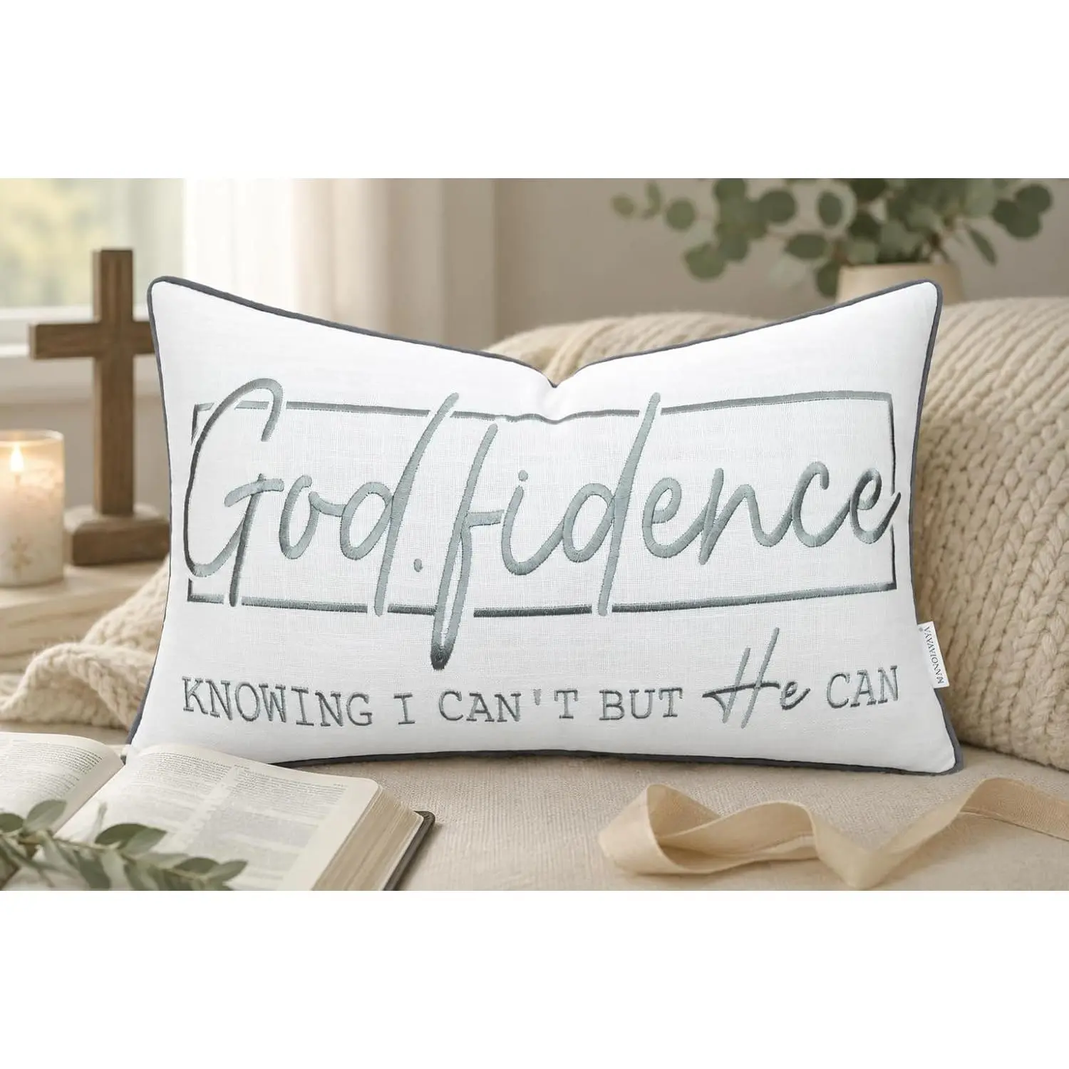Pillow Cover 12x20 Inch –   Hand Embroidered Christian Inspirational Faith  – Godfidence