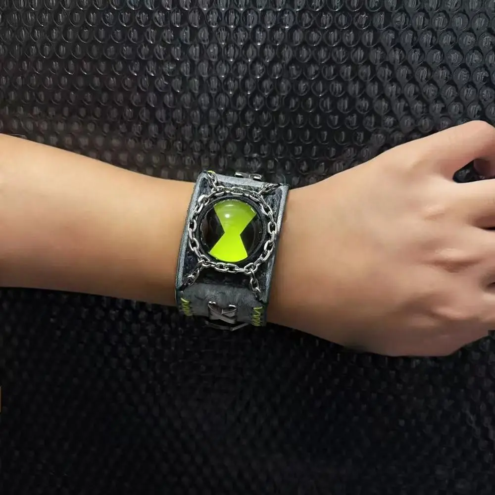 Anime Ben 10 Ben Tennyson Cosplay Bracelet Gothic Punk Handmade Leather Wristband Bangle Jewelry Halloween Accessories