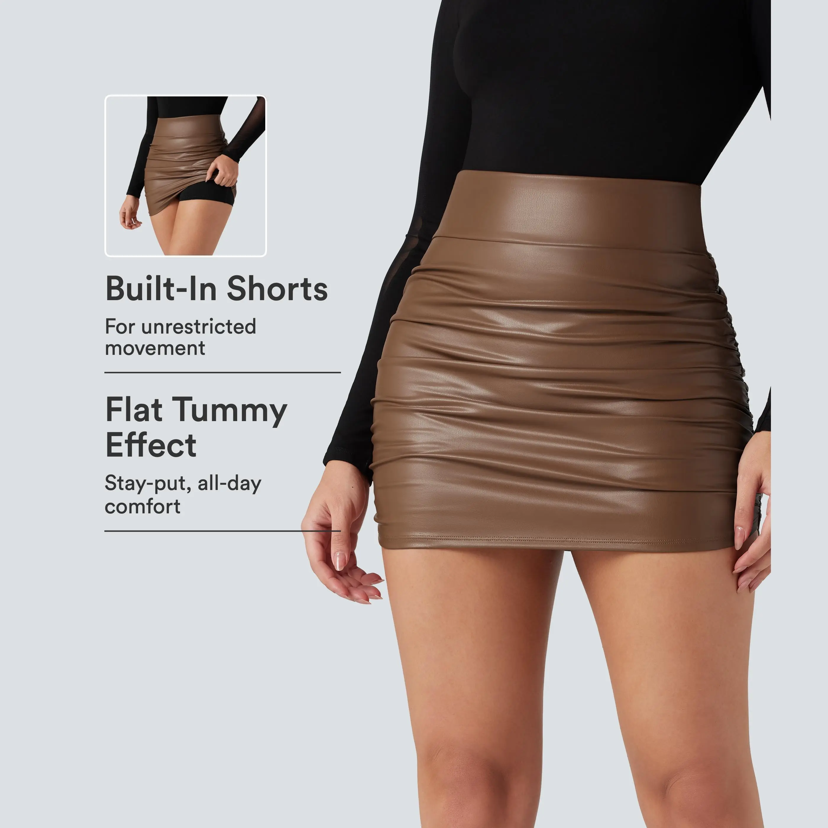 【Creator’s Pick】Halara High Waisted Tummy Control Ruched Curved Hem 2-in-1 Fleece PU Mini Bodycon Skirt