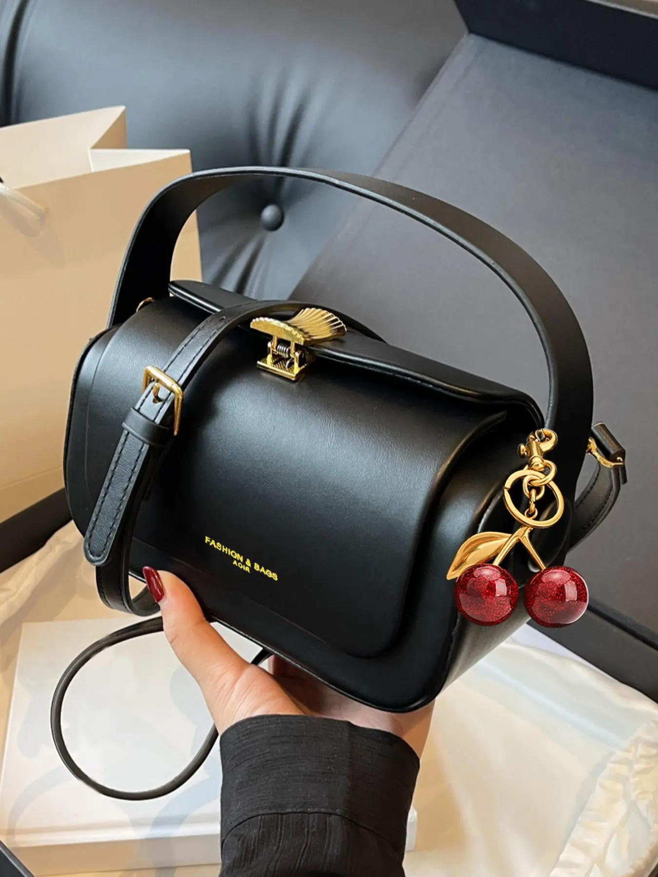 Retro light luxury texture flip bag, Fashionable Versatile Purse, with cherry pendant design, fashionable and versatile single shoulder crossbody bag, suitable for daily commuting and friend gatherings