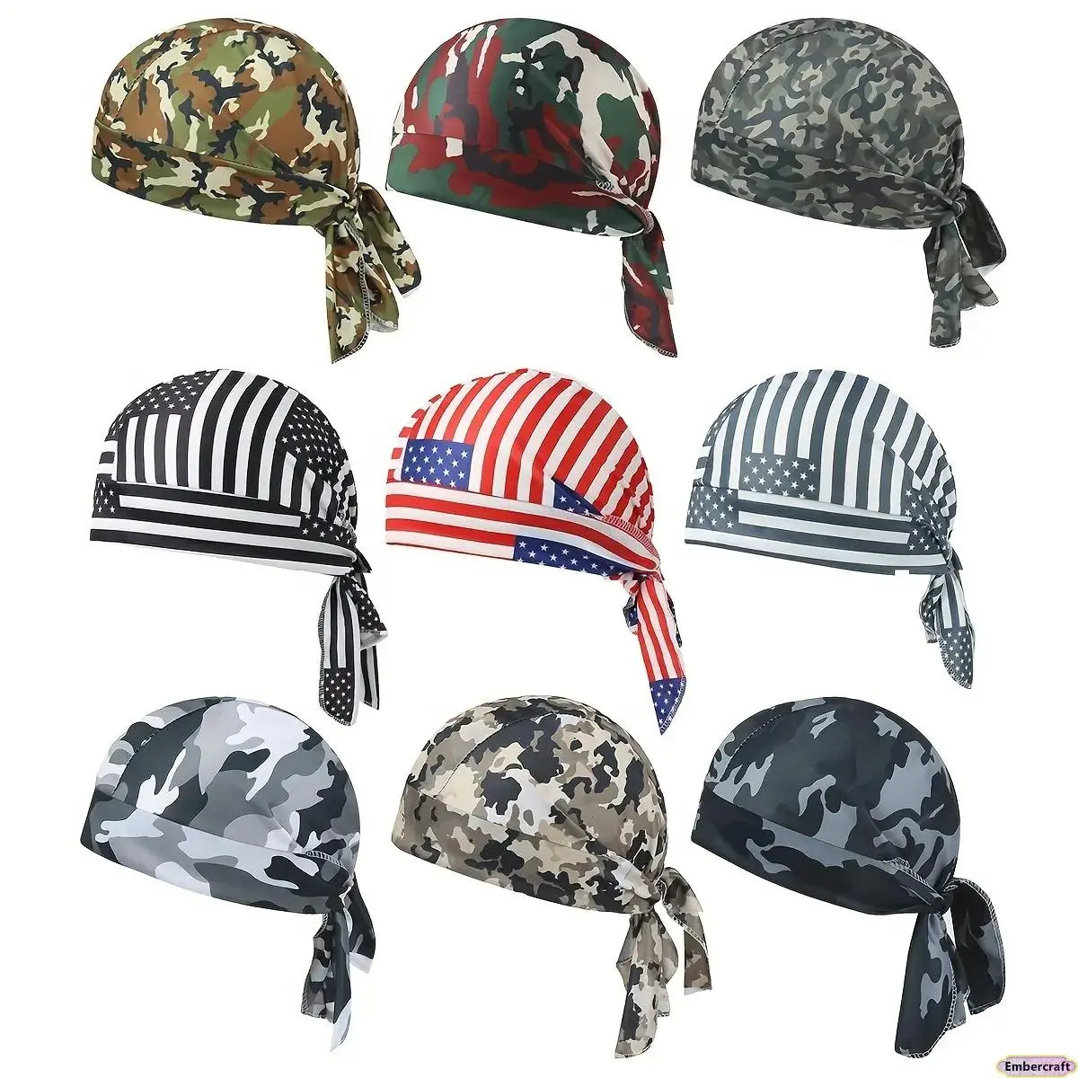 Male 9PCS Cooling Polyester Durag Set - Sweat-Wicking Breathable Durag Hats, Patterned Wrap Caps, Camo/American Flag Headwraps for Gym, Outdoor Activities, Polyester Clothing, Men's Accessories, Men's Accessories For Adults, Polyester Clothes, 9 Pack