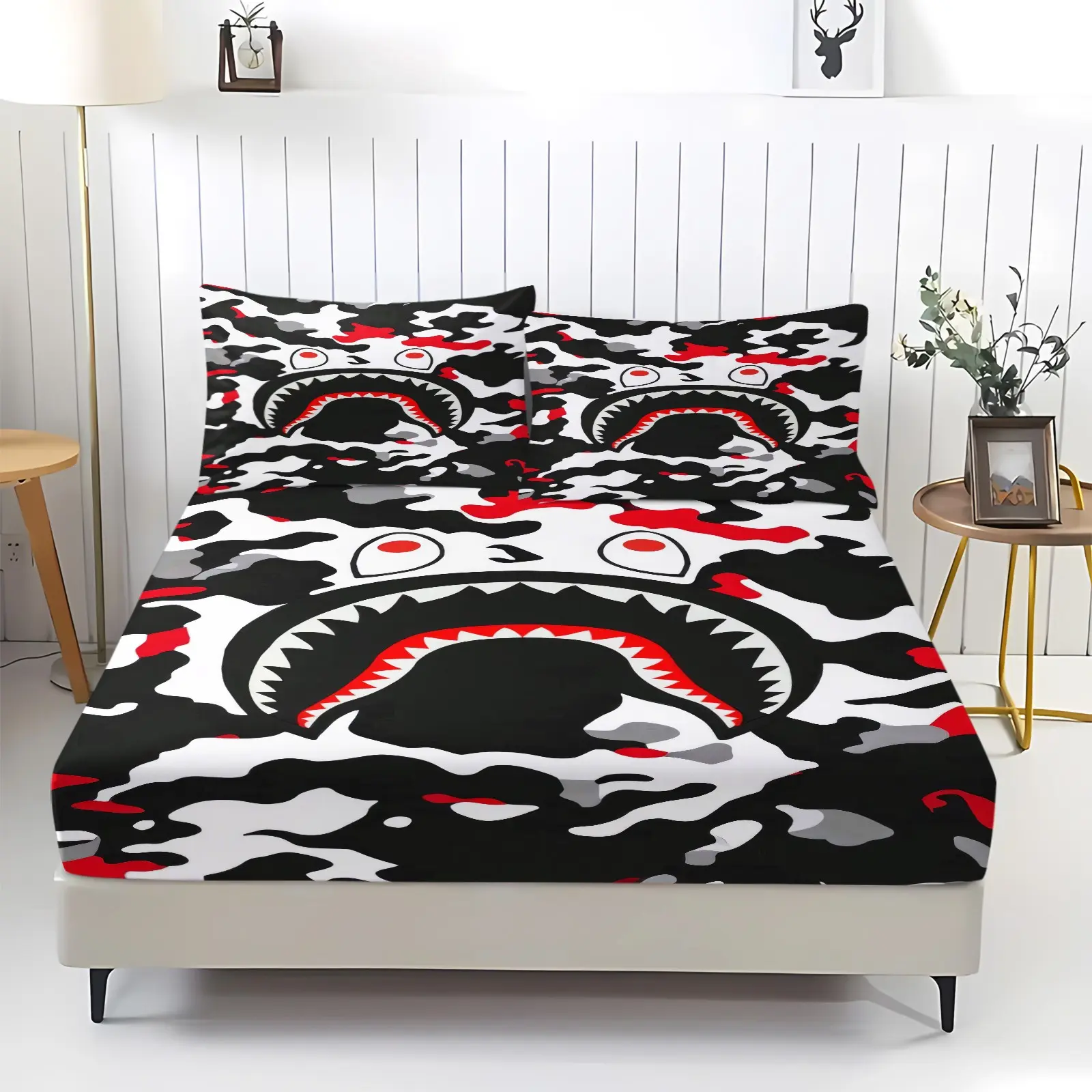 3pcs Streetwear Shark Camo Print Fitted Sheet Set (Includes 1 Fitted Sheet And 2 Pillowcases; ). Vibrant Digital Printed Bed Sheet Set, Soft Breathable Bedding Decor For Teen Bedrooms And Modern Dorms, Easy Care And All-Season