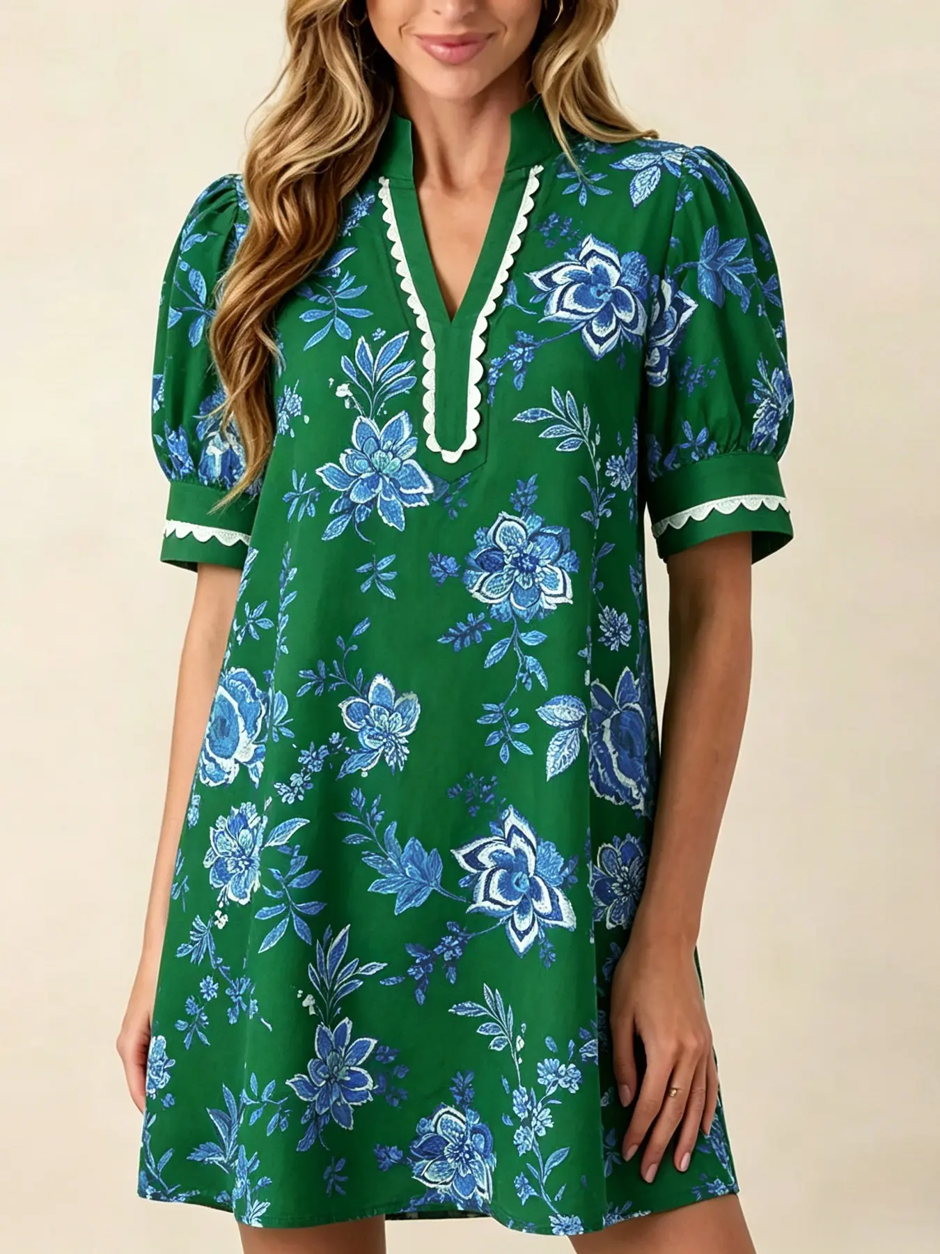 Women's Dress Short Sleeve Print Summer Chic Casual Wear V-Neck Mini Dress Vacation Set Sweet Floral Cotton Puff Sleeve Mini Dress