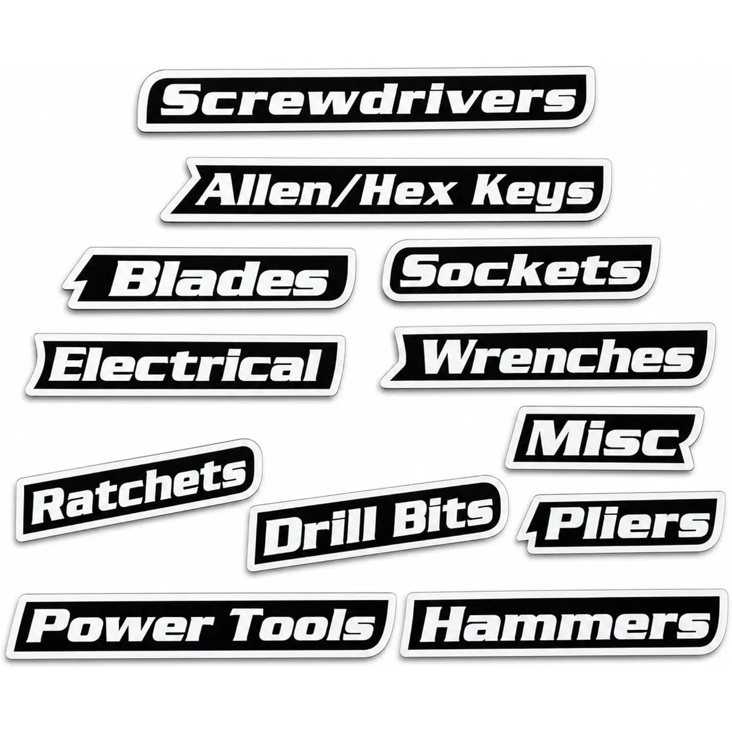 12-Pack High-Strength PLA Plastic Tool Box Labels - Repositionable Tags for Steel Chests, Rolling Cabinets, Quick & Easy Garage Storage Organization (Black)