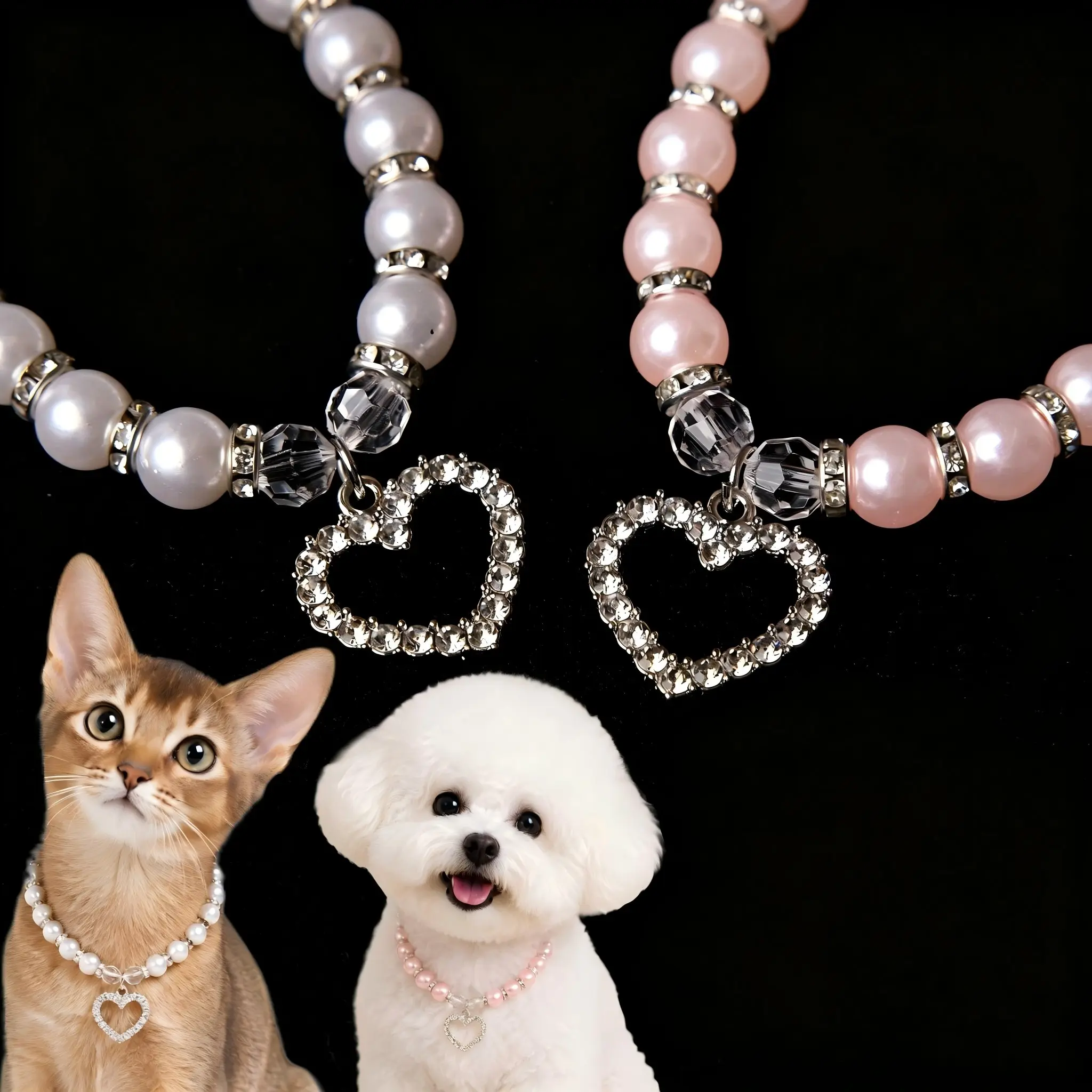 Adjustable Pearl Heart Necklace for Pets, Cat & Dog Collar, Cute Pearled Bow Tie, Pet Photography Prop, 1pc