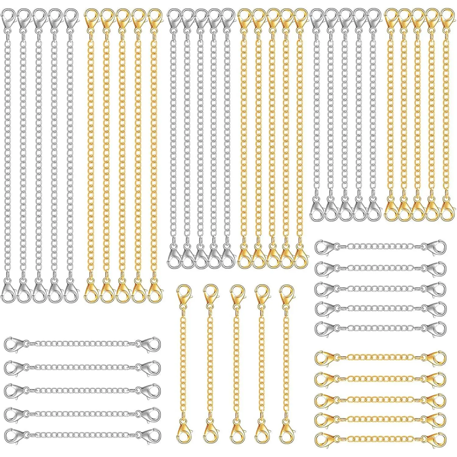 30pcs Chain Extenders for Necklace, Necklace Extenders for Women Girls Bracelet Anklet Extender Stainless Steel Chain Extenders for Jewelry Making 2in 3in 4in 5in 6in (15 Gold, 15 Silver)