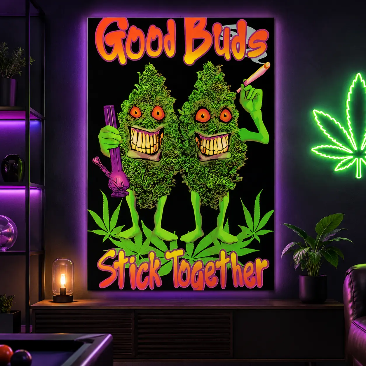 "Good Buds Stick Together" Blacklight Pot Poster, Vintage  Artistic Print with Box, Home Decoration, Bathroom Wall Art, Cool Room Decor, Kitchen Spaces, Canvas Wall Art Print, Funky Retro Poster for Bathroom