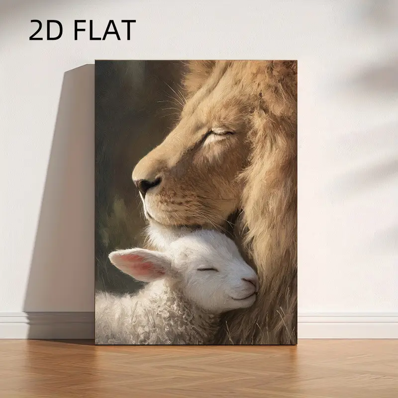 2D Flat, 2D Flat, 2D Flat Design of a Lion And a Lamb. This Inspirational Canvas Artwork Can Serve As a Peaceful Christian Decoration for Your Home Or Office, Symbolizing Faith, Unity, And Strength, Halloween Christmas Decor