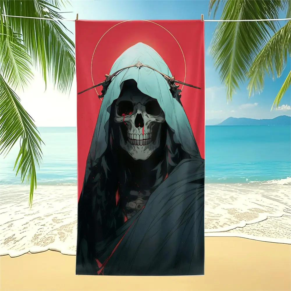 Dark Aesthetic Red Background Hooded Blood Skull Print Beach Towel, Microfiber Quick Dry Sand Resistant Water Absorbent Towel, Skin-Friendly & Lint-Free, Vibe Essential for Summer Beach Pool Vacations, Perfect Halloween Gift