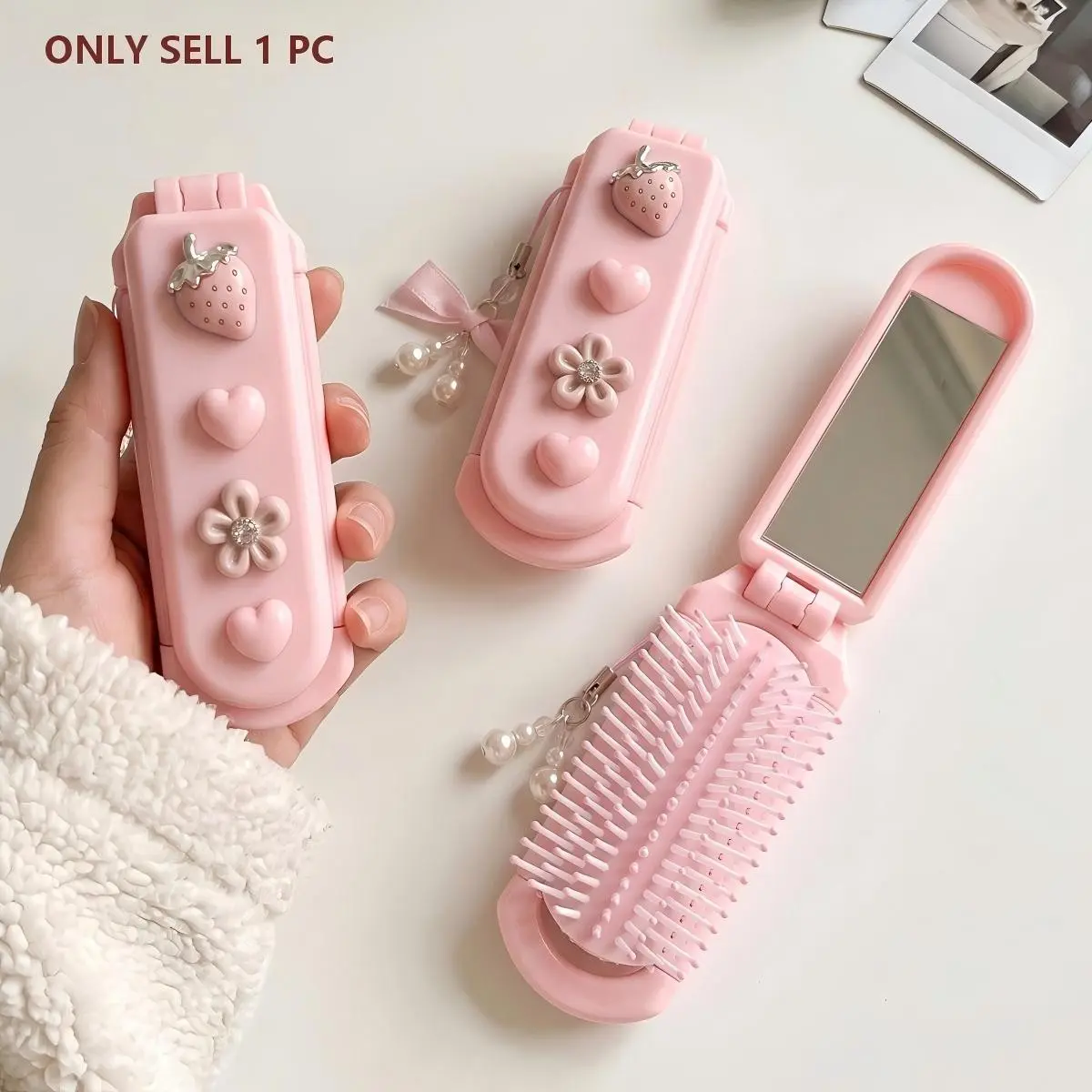 Folding Hair Brush with Mirror, 3D Bow Heart Flower Butterfly Decor, Compact Foldable Travel Hair Comb, Mini Hairbrush for Women, Gift