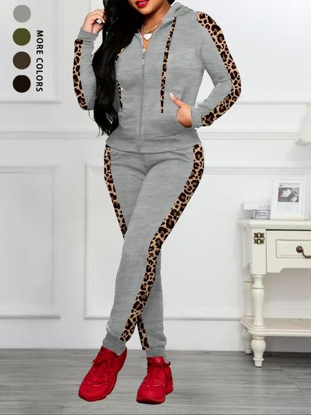 Women's Autumn Winter Long Sleeve Pants Matching Set, Solid Color Casual with Leopard Print Stripes, Perfect for Home & Party Wear