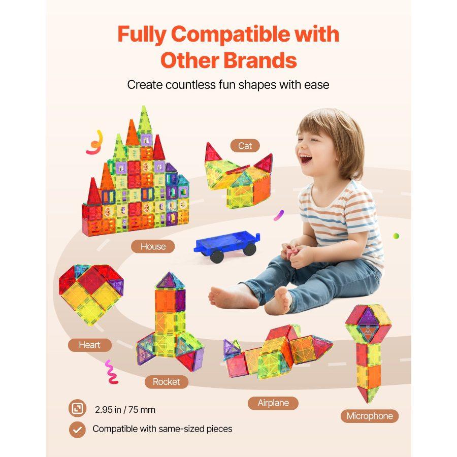 VEVOR Magnetic Tiles, 180 PCS Magnetic Building Blocks for Kids, Magnet Building Set with 2 Car Bases Ferris Wheel Stand, STEM Educational Construction Stacking Toys for Toddlers Boys Girls Aged 5+