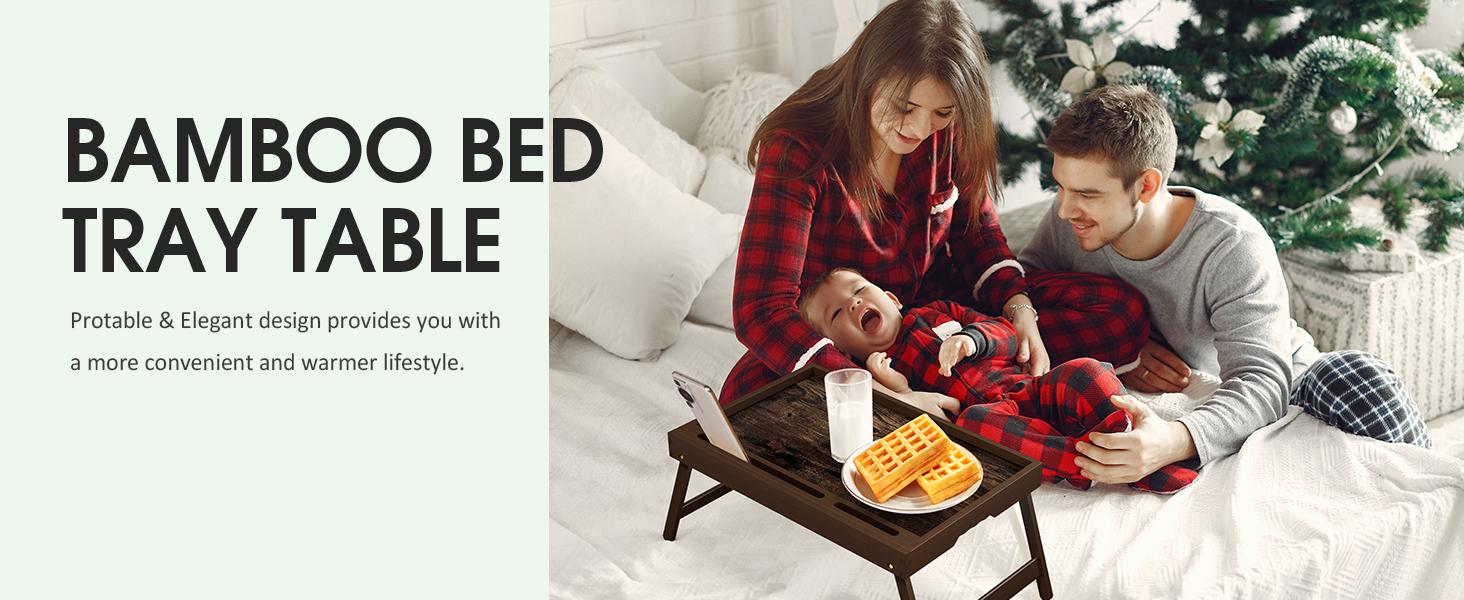 Bamboo Breakfast Tray with Foldable Legs & Detachable Stand | Ergonomic Handle | Portable Bed Tray for Eating, Working, Laptop, Tablet, and Phone（Vintage Walnut）