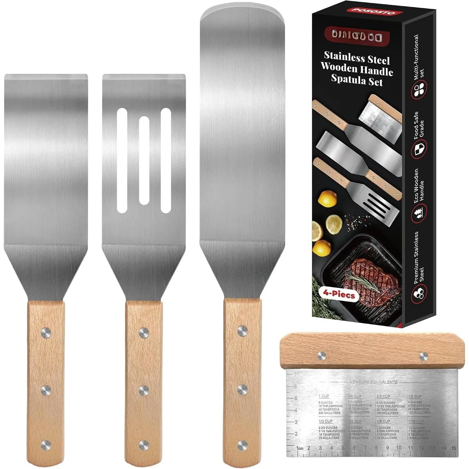4 count Stainless Steel Metal Spatula Set, Flat Spatula Pancake Flipper | Burger Fish Turner Griddle Scraper Long Wide Spatula for Cast Iron Griddle BBQ Grill Spatulas Flat Top Accessories