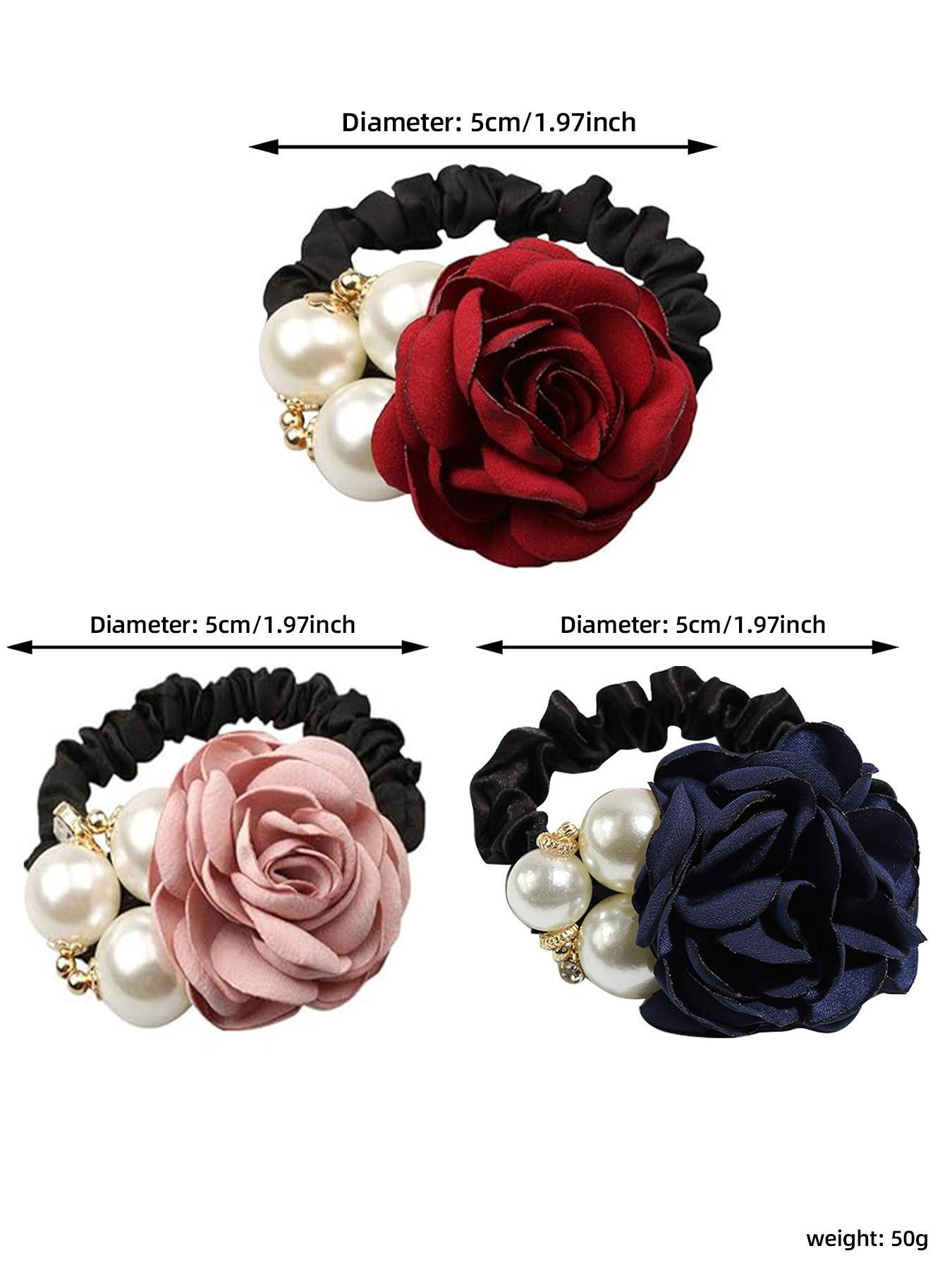 Mother's Day Gift Faux Pearl Decorated Flower Design Hair Tie, Gifts for Her, Elegant Fashionable Wedding Floral Hair Accessories for Women & Girls, Minimalist Rose Bow Headwear Suitable for Thick Hair, Bowknot, Hair Bows