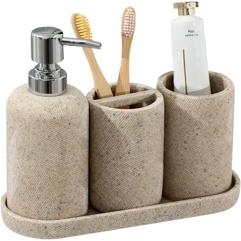 Bathroom Accessories Set, Bathroom Organizer Countertop, Soap Dispenser and  Holder, Mouthwash Cup, Tray Set,  Tray for Bathroom, 4 count Modern Decor (Beige)