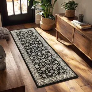 Runner Rug 2x6ft, Washable Hallway Runner with Non-Slip Backing, Spill Stain Resistant Floor Mat for Entryway Corridor Bedroom Kitchen , Soft Low-Pile Area Carpet, Black