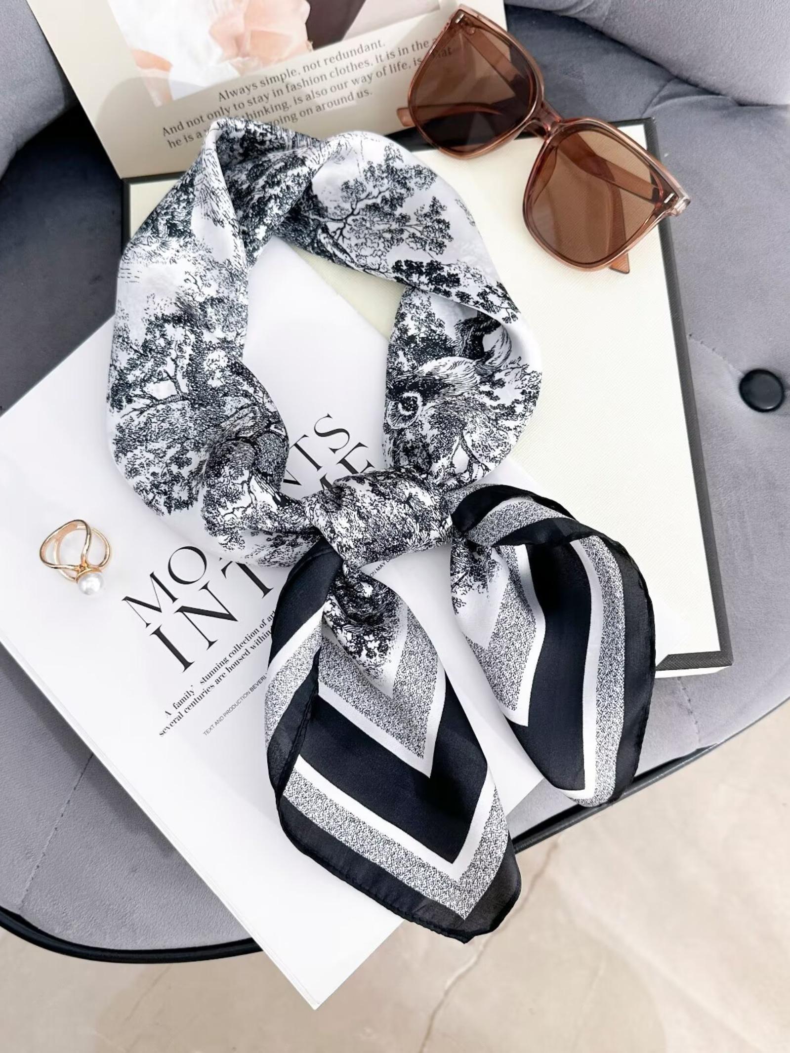27.6 Inch Square Scarf with Landscape Print for Women, Fashionable Headband with Silk-like Elegance, All Seasons Casual Accessory for Style Enthusiasts