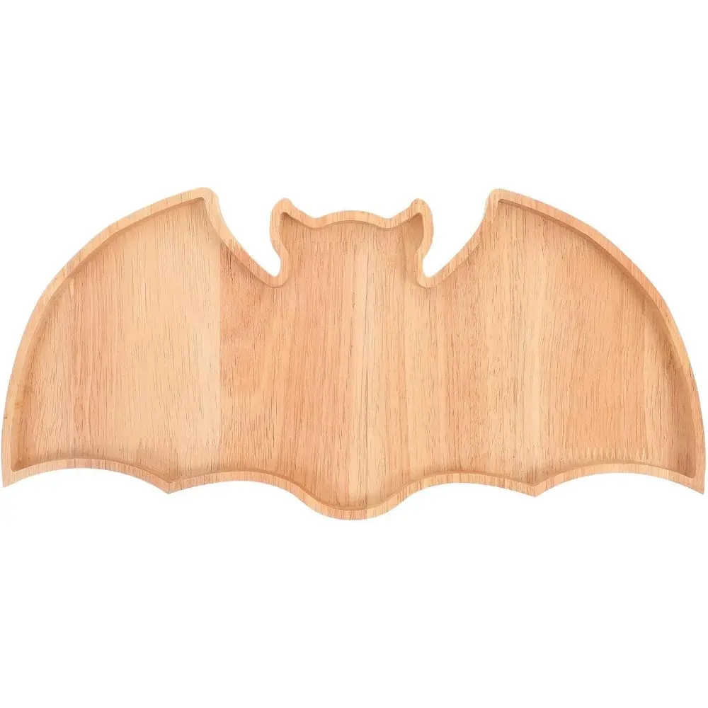 Tired of boring plain platters ruining your Halloween party vibe? Bat-shaped solid wood Halloween cutting board, multi-functional charcuterie tray for fruits and sushi, unique spooky table decor perfect for all Halloween gatherings.