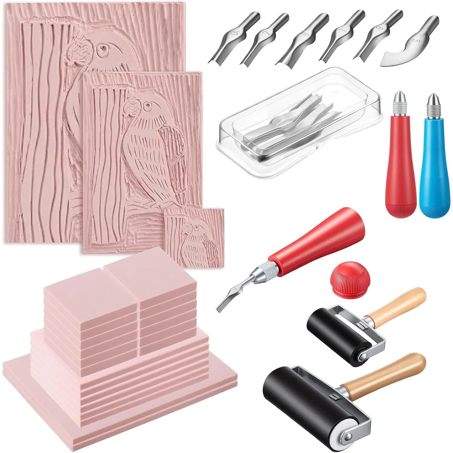 Linocut Kit for Beginners, Carving Blocks & Tools Set for DIY Printmaking, 12 Pcs 2'' x 2'', 6 Pcs 4'' x 6'', 2 Pcs 6'' x 8'' 3 Sizes for Practice & Creative Projects, Ink Not Included