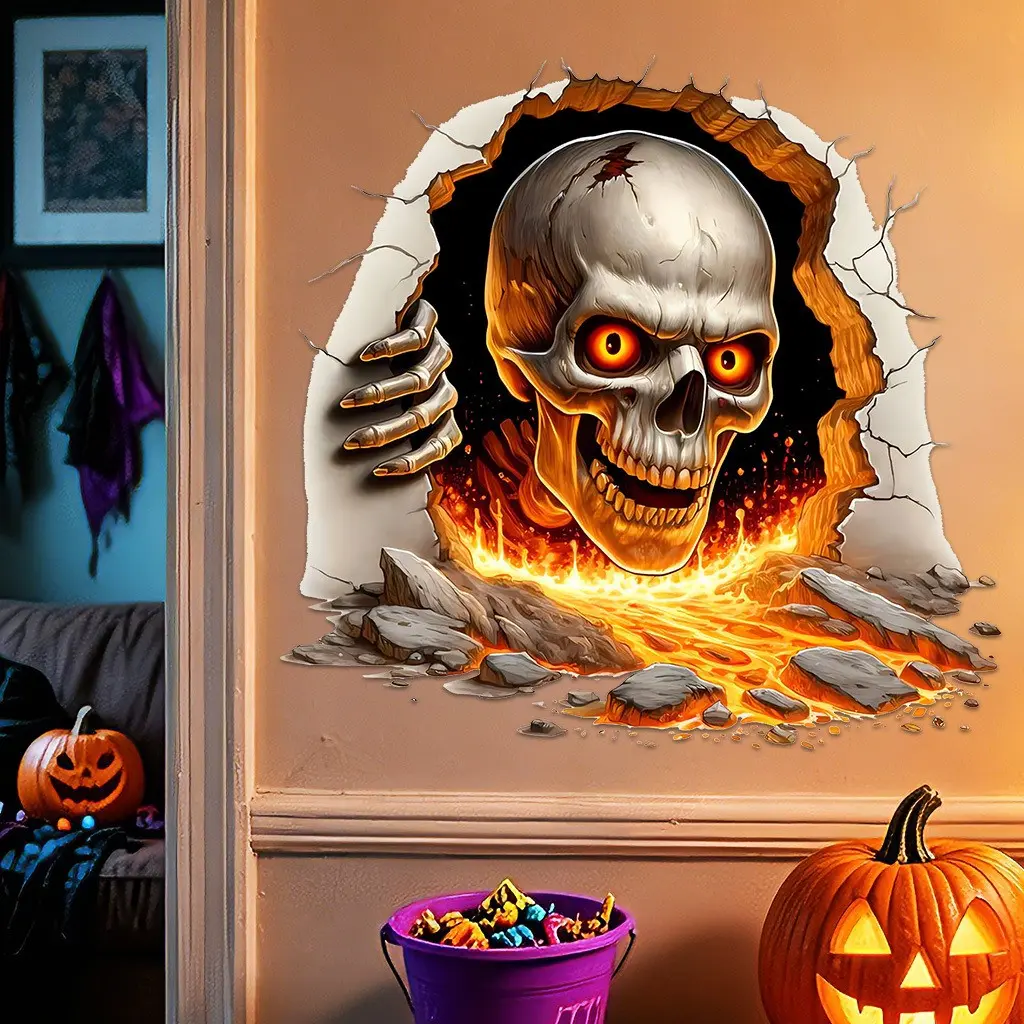 2026 Halloween Decoration, Realistic 2D Lava Skull Wall Sticker, Horror Skull Wall Decal for Halloween Party, Haunted House Indoor Decor, Halloween Gift