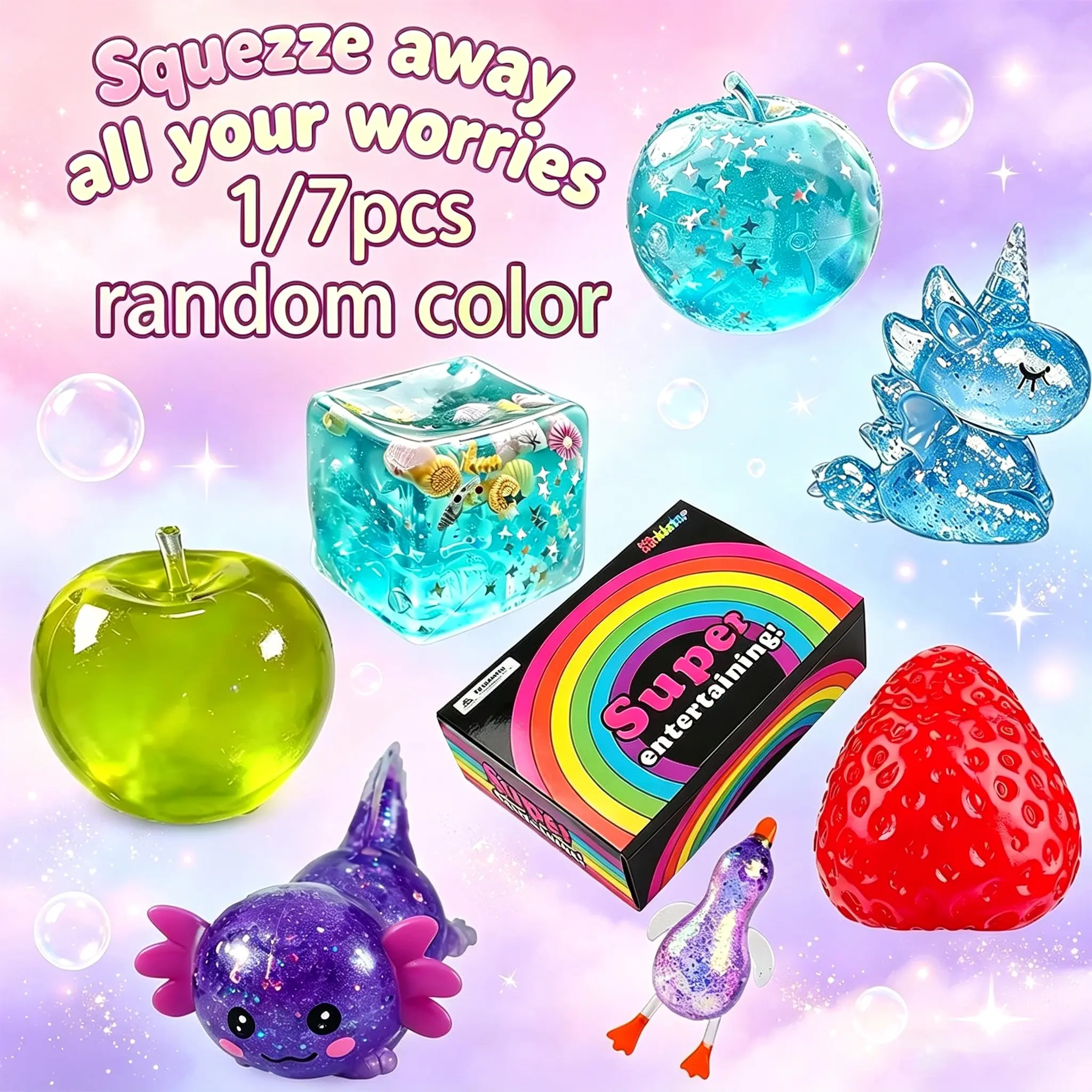 Transparent Glitter Jelly Squishy Fidget Toy Set,1/ 7Pcs Assorted Fruit & Animal Shape Squeeze Toys, Clear Gel Sensory Decompression Toys, Random Color Anxiety Relief Toy Pack, Party Favor Gift for Kids Teens