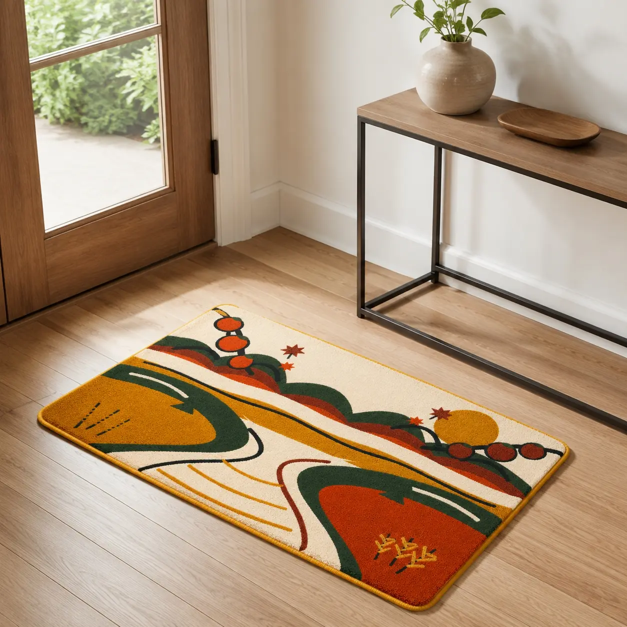 Abstract Autumn Landscape Rug, Long Pile Faux Cashmere, Machine Washable Non-Slip, Living Room Bedroom Decor