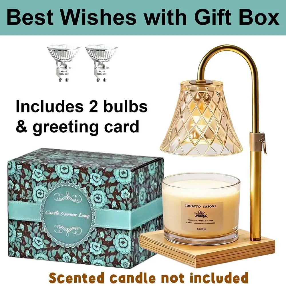 High Grade Modern Gold Diamond Grid Glass Candle Warmer Lamp Timer Safe No Flame Height Control Natural Wood Base Mom Housewarming Bedroom Decor Gift