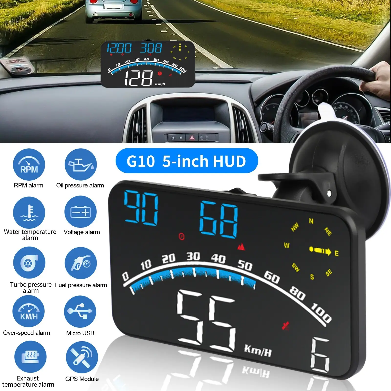 G10 Car Hud Display, Universal Digital Speedometer, GPS Speed Tracker, Shows Speed, Compass, Distance, Over-Speed Alert, Fatigue Warning, Plug-And-Play