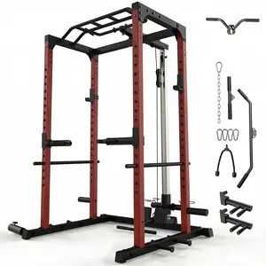 Heavy Duty Power Cage with Lat Pulldown System, 1200 lbs Capacity Squat Rack for Home Gym, Low Row, Dip Handles, J-Hooks & Landmine Attachment