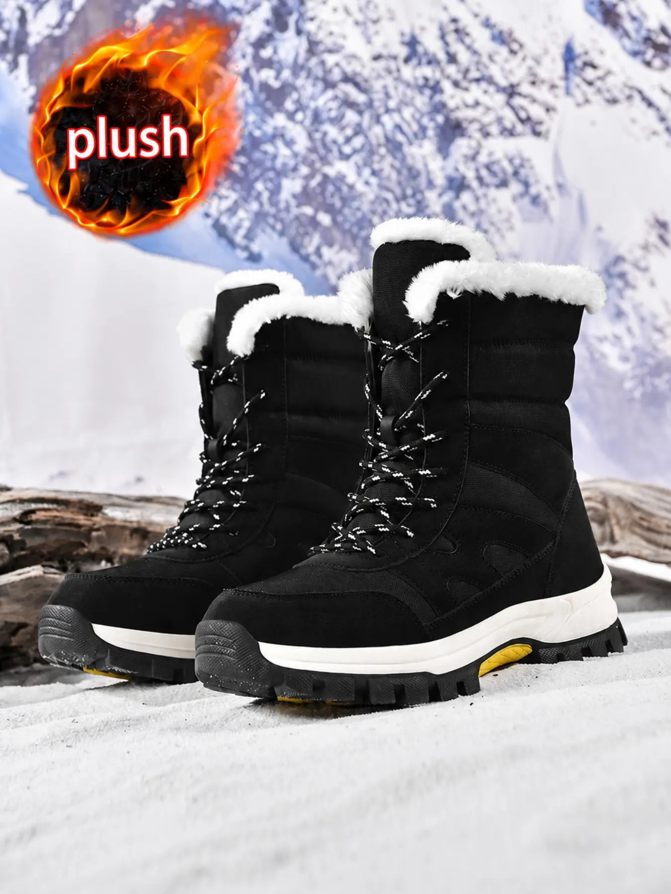 Women's Thick Plush Snow Boots, Windproof Mid-Calf Lace-Up Cotton Shoes, Outdoor Ski Anti-Slip Thick Sole, Shock Absorbing Winter Warm Commute Travel Boots