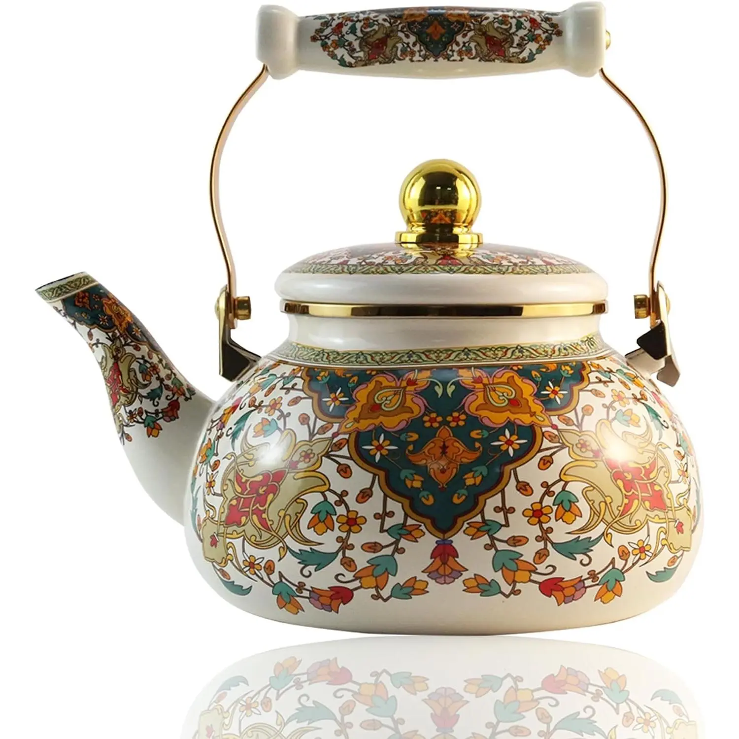 Vintage 2.5L Floral Enamel Porcelain Tea Kettle with Ceramic Handle, Gold Beige Boho Teapot Coffee Pot for Stovetop Hot Water, Kitchen Decor