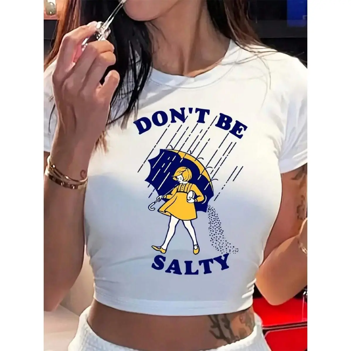 Women'S Y2K Retro "Don't Be Salty" Graphic Crop T-Shirt - Lightweight Breathable Short Sleeve Top With Vintage Cartoon & Raindrop Print, White & Blue Lettering, All-Season Casual Wear, Comfort Fit For Everyday Outfits (Local Shipping), Women T Shirts, Gra