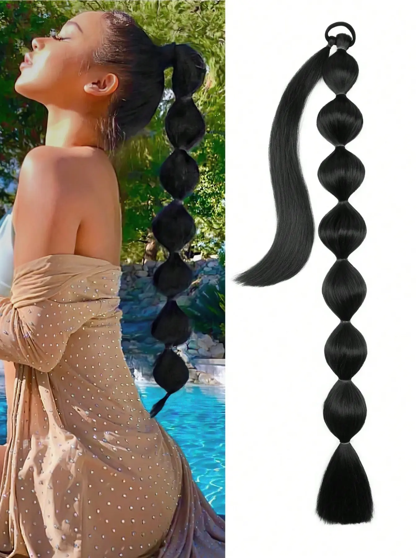 Bubble Ponytail Extension 28/34 Inch Long Braided Wrap Around Synthetic Hair Extensions with Leather Cord, Braids Ponytail Extension, Straight Y2K Hair, Braided Ponytail Hair Extension For Women Daily Party Cosplay And Halloween Black Color