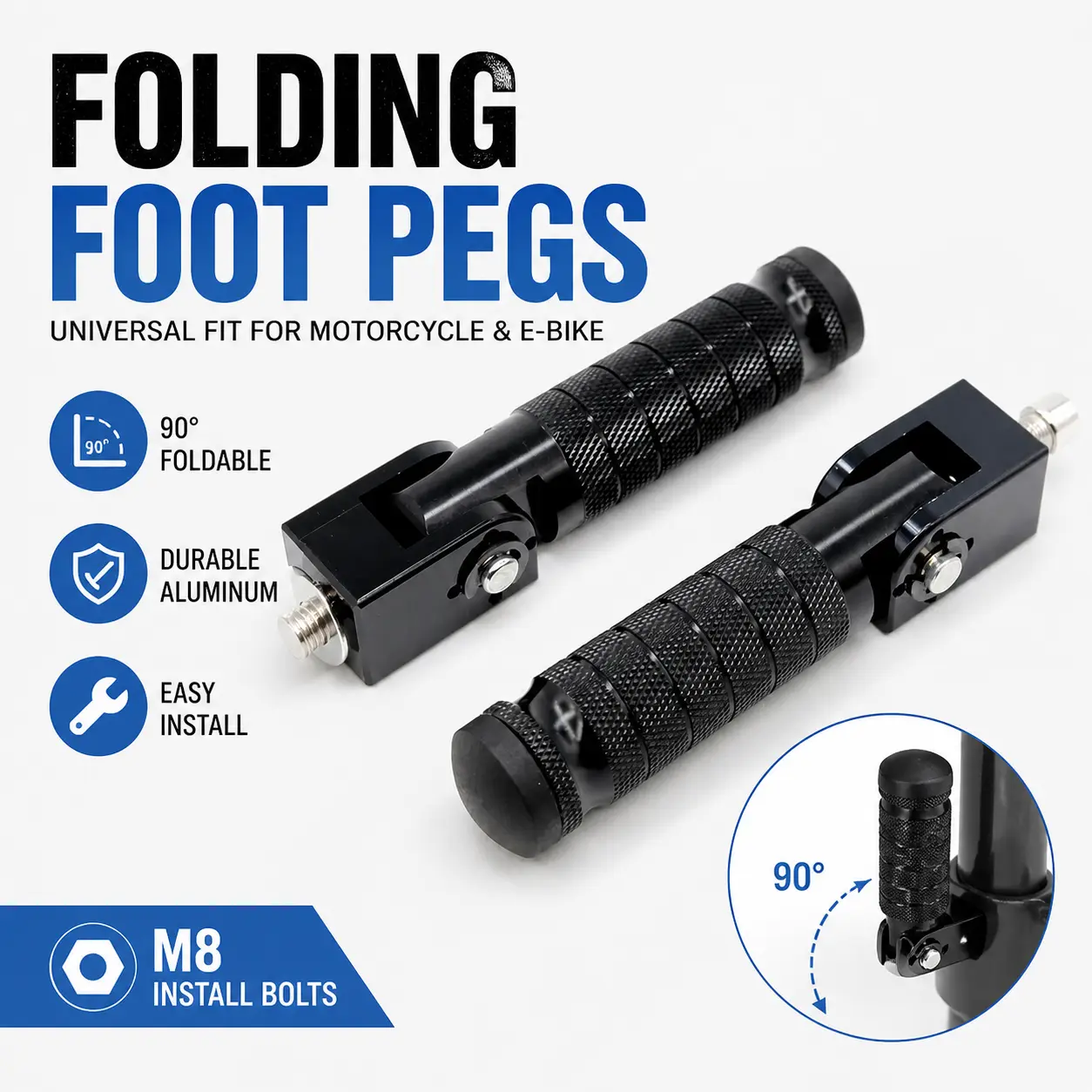 Universal Motorcycle Bicycle Folding Foot Pegs 90 Degree Foldable Electric Motorbike Ebike For Super73 S2/ZX/RX/R/S Passenger Footrests Rearsets Rear Set Footpegs foot Rest Pedals M8 Install Bolts