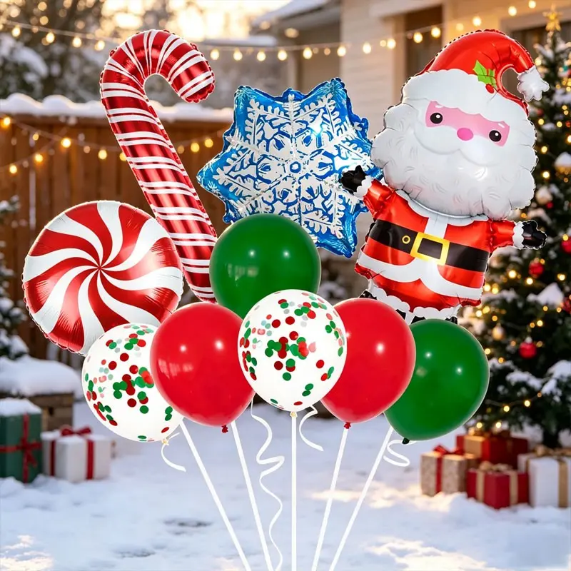A set Christmas-Themed Aluminum Foil Balloons Set, Santa Claus, Snowflake, Candy Cane Balloons,Ideal for Christmas parties, Spanish Three Kings Day celebrations for children, home garden/patio decorations, Christmas Eve table settings, kindergarten