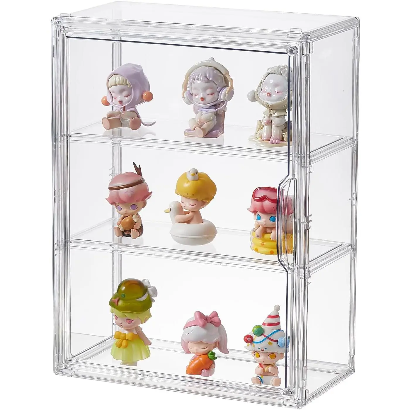 3 Tiers Clear Display Case, Plastic Storage Bins with 2 Adjustable Divider and  Door,Stackable Display Box for Figures  (1pack)