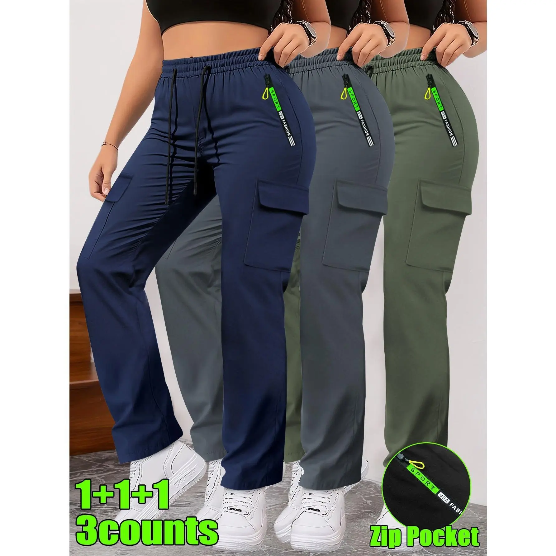 Women's 3 Pack Cargo Pants, Women's Drawstring Casual Pants, Women's Zipper Pocket Cargo Pants, Women's Lightweight Hiking Pants, Women's 3 Pack Workout Pants, Women's 3 Pack Wide Leg Pants
