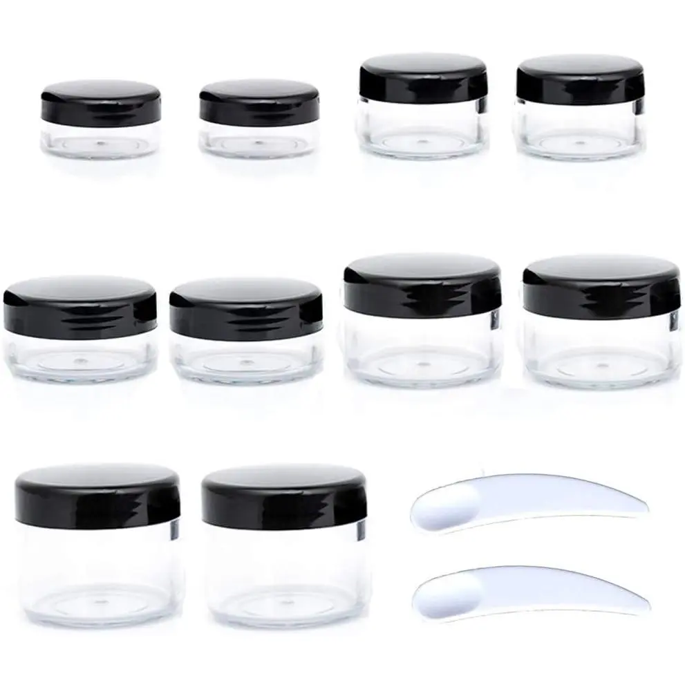 10 count Small Travel Containers, Black Sample Jars with Screw , 5 Size 3/5/10/15/20 Gram, 12 count Labels and 2 count Mini Disposable Spatula, Makeup Sample Containers