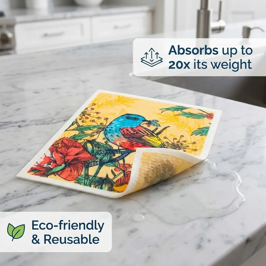 Swedish Kitchen Cloths, 5 Packs Floral-Patterned Washable Dishcloths, Reusable Cellulose Cleaning Wipes, Strong Water-Absorbing Sponge Wipes