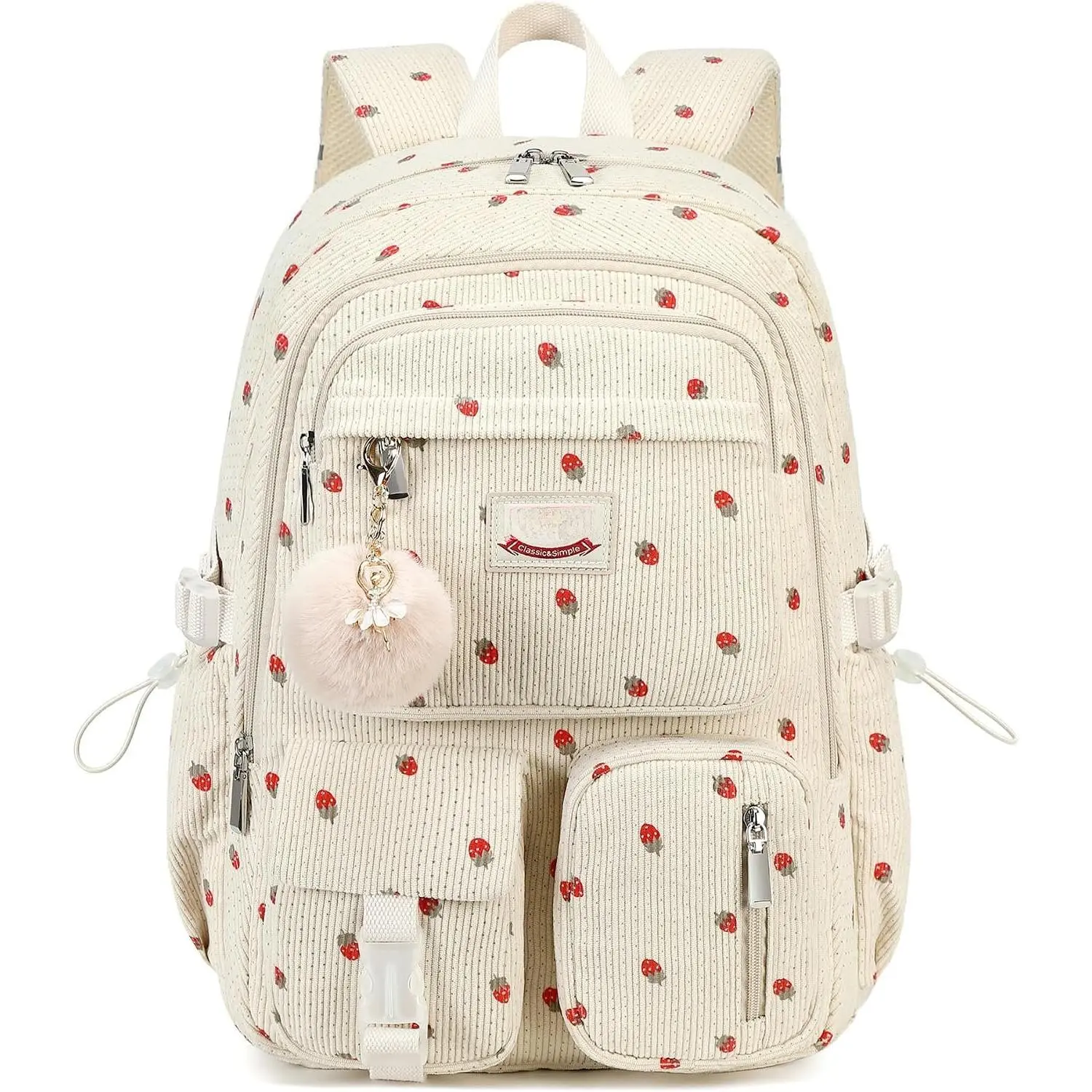 Backpack for Girls Big Student Corduroy Laptop Backpack for College  Elementary Middle High School Bag Anti  Bookbag Travel Daypack Womens(Corduroy Beige Strawberries)