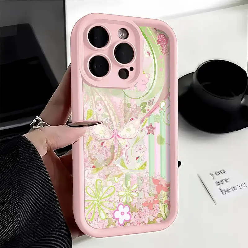 Cute style floral, pink and green aesthetic protective case, TPU soft shell shockproof and drop-resistant, suitable for iPhone 17/16/15/14/13/12/11/X/XS/XSMAX/12.13 MINI/17E and various Samsung models. It's a holiday gift for friends, family, and yourself