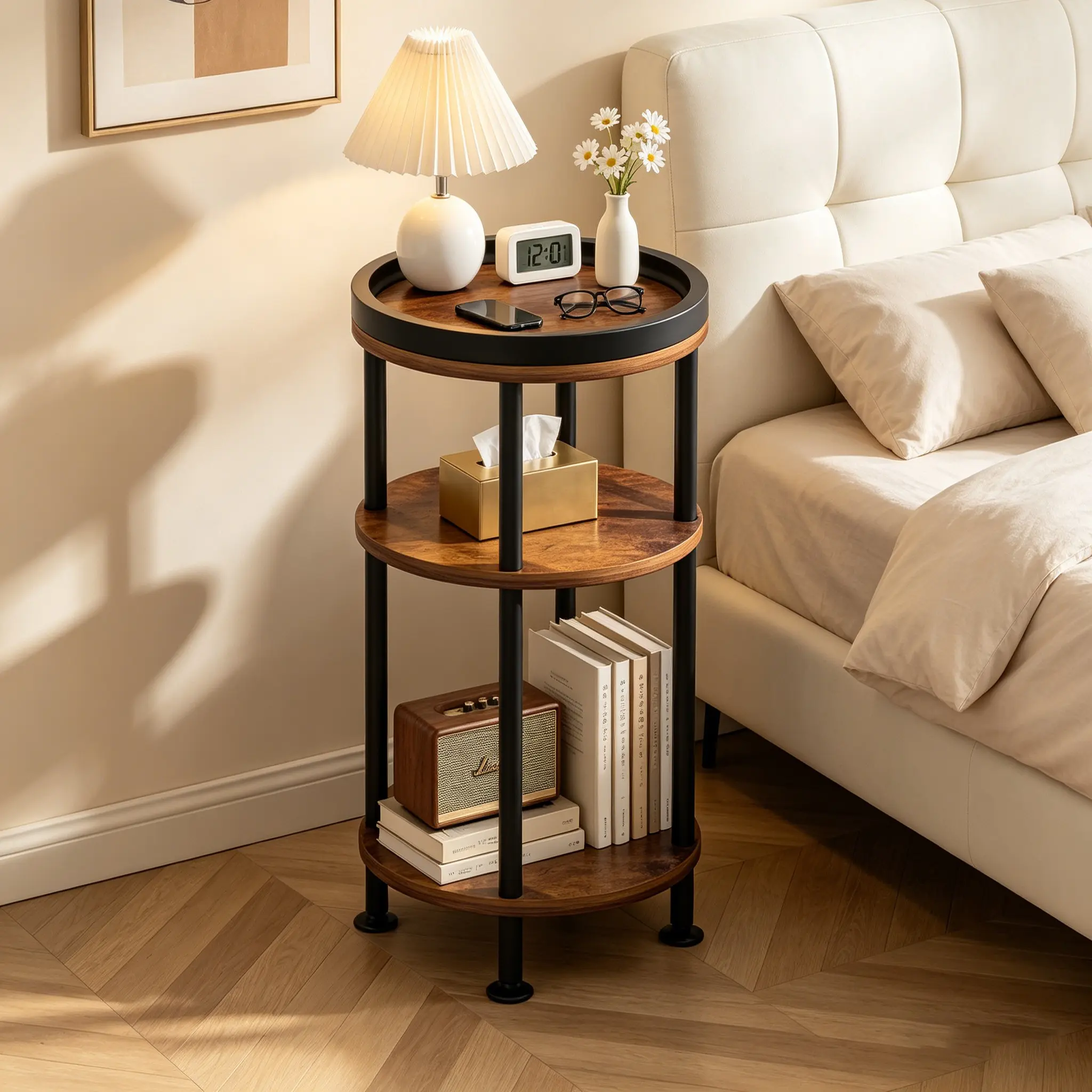Vintage Industrial Style 3-Tier Round Tray Side Table, Indoor Furniture Table, Wooden Iron Art End Table, Easy Install, Suitable for Small Spaces, Rustic