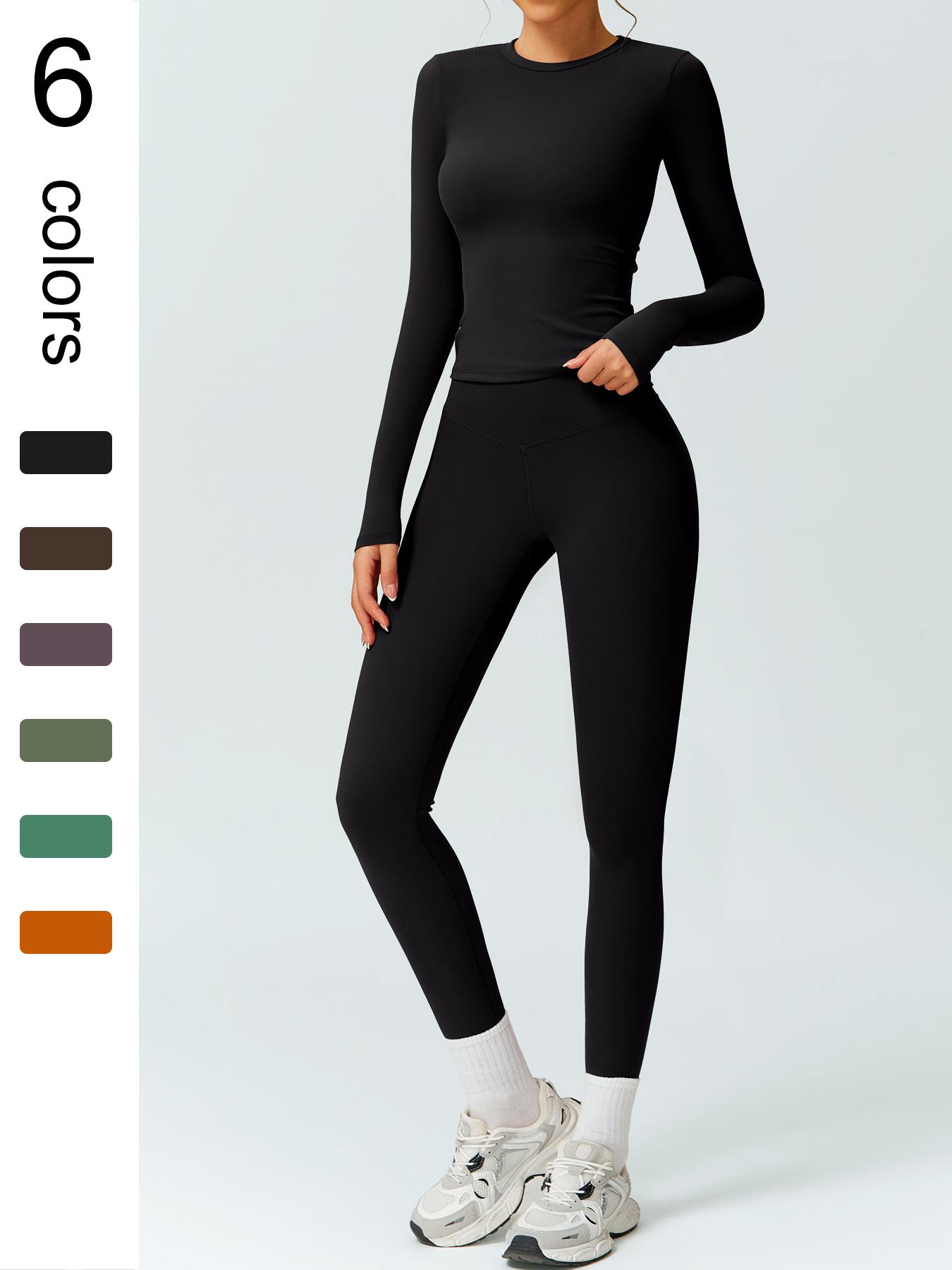 Women's Solid Color Long Sleeve Tee & High Waist Leggings Workout Set, Sporty Comfy Breathable Outfits for Gym Running, Workout Running Clothes, Ladies Fall & Winter Sportswear