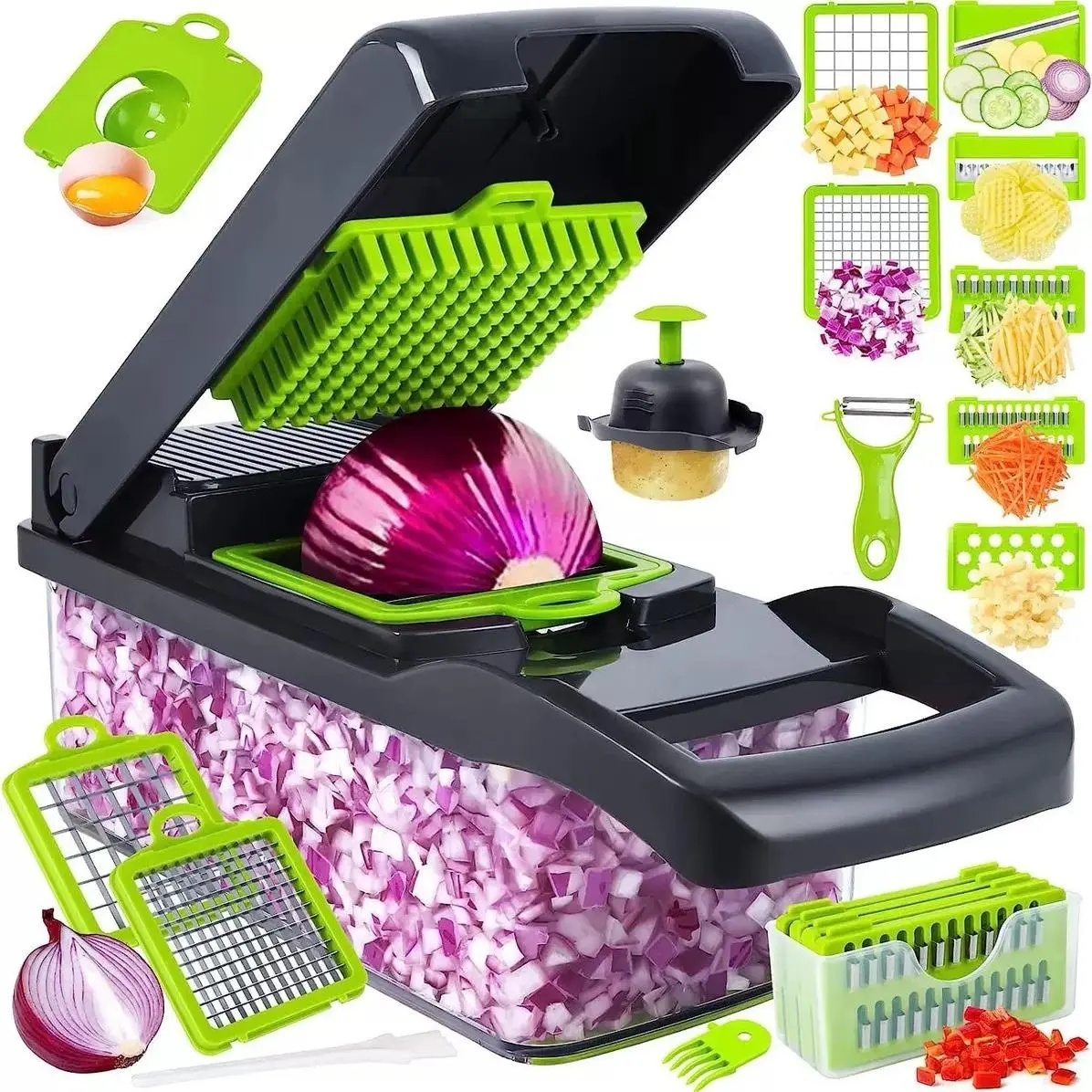 Vegetable Chopper, Vegetable Cutter, Mandolin Slicer, Kitchen Food Processor, Vegetable Chopper with Container and Lid, Food Chopper that Easily Slices, Dices, Chops, Grinds, Etc., Kitchen Utensil.