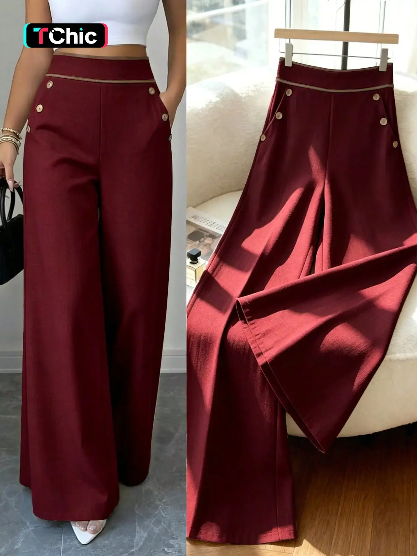 High-Waisted Colorblock Wide Leg Suit Pants, European Style Office Wear, Loose Fit Straight Leg, Women's Business Casual Long Pants