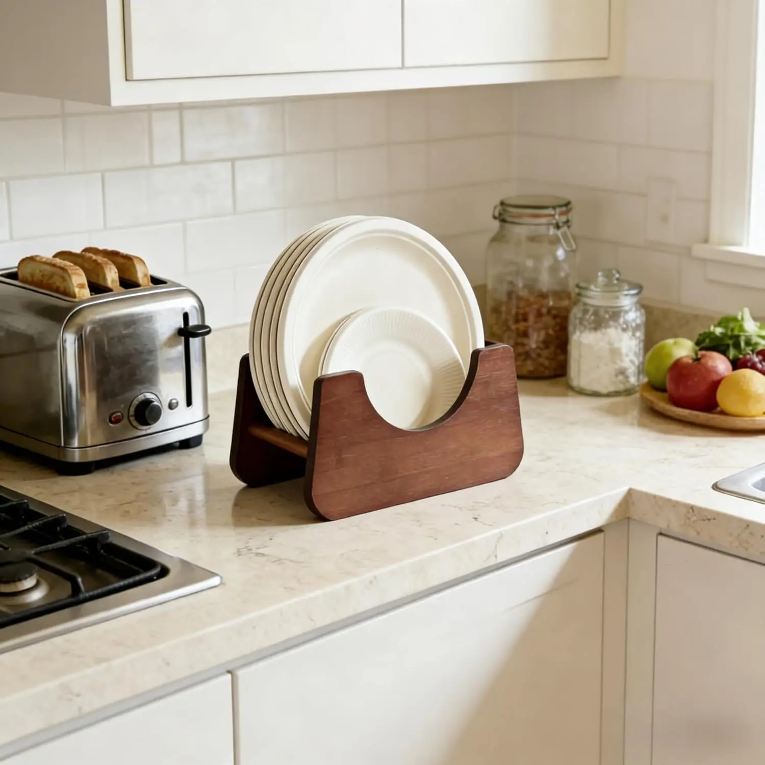 Paper Plate Dispenser，Wood Foam Plate Storage Organizer for 7-10 inch Disposable Plate,Paper Plate Holder for Kitchen Countertop or Outdoor Use