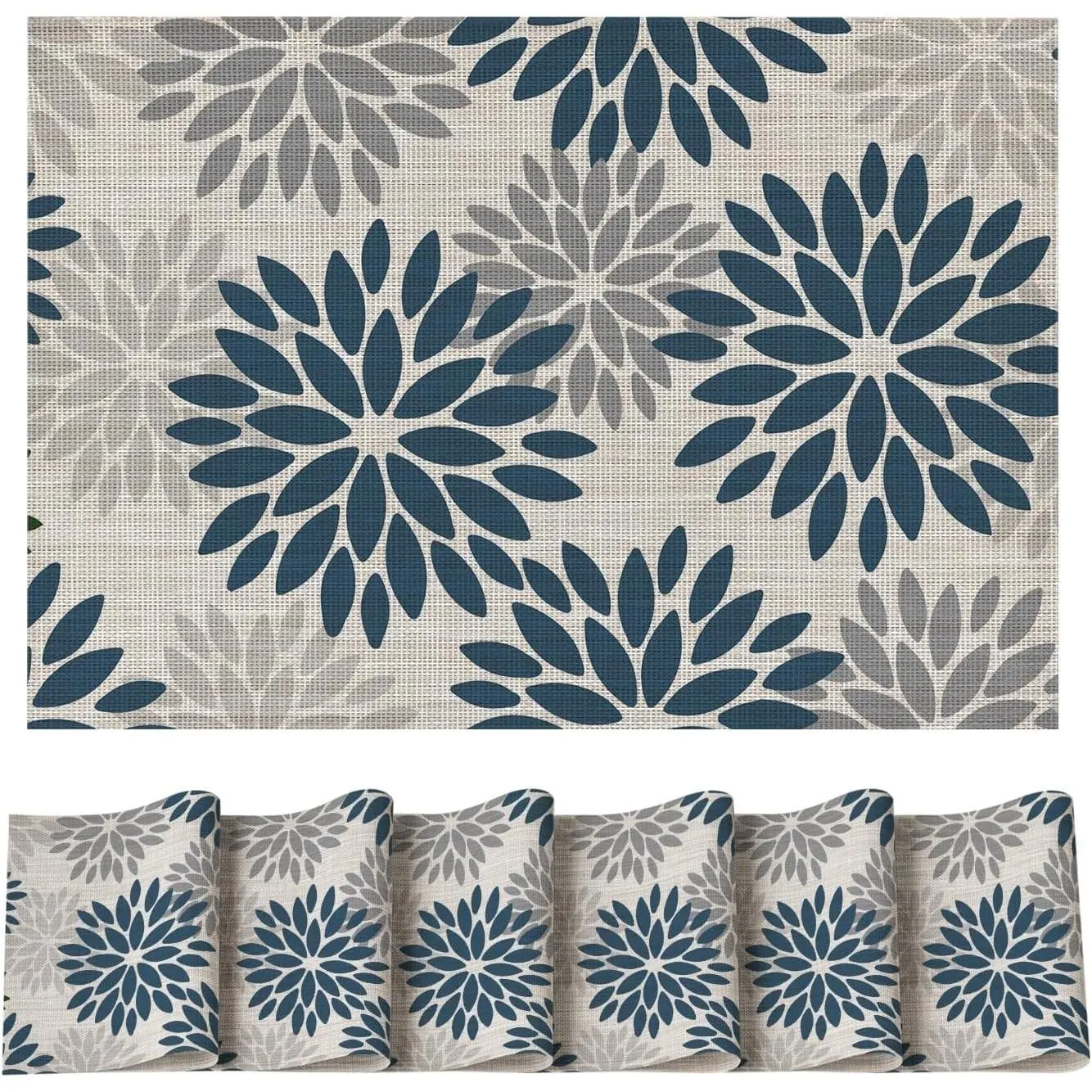 Floral Vinyl Plistic Placemats Set of 6, Heat Resistant Washable Non-Slip PVC Place Mats for Party Kitchen Dining Decor, Blue Grey