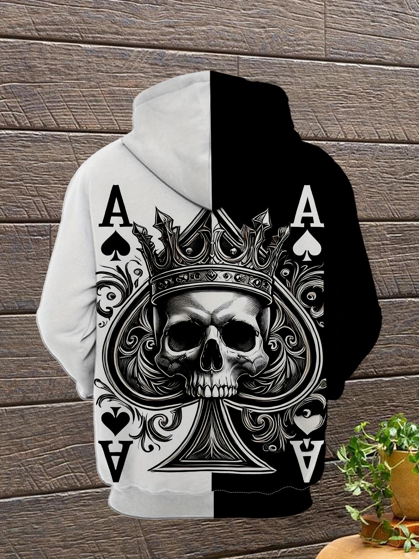 3D Men's Skeleton Poker Pattern Long Sleeve Casual Hoodie with Drawstring Pocket, Fashionable Pattern Hoodie Sports Fashion Sports Daily Spring and Autumn Top